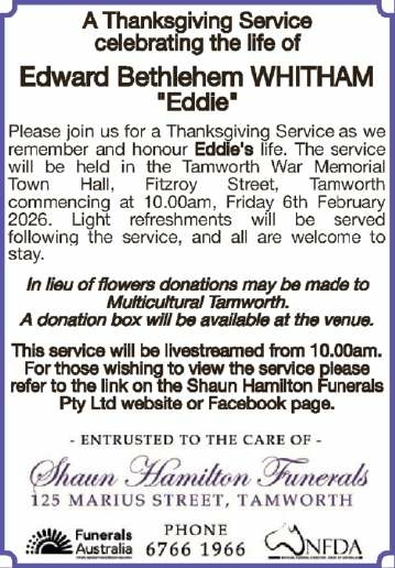 WHITHAM, Edward Bethlehem "Eddie" | Tributes | The Northern Daily Leader | The Northern Daily Leader