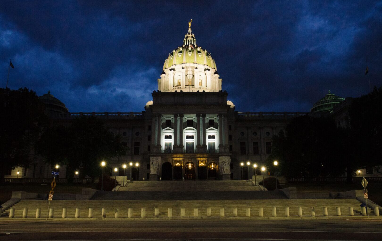 View of the south side of the Pennsylvania State Capitol Complex at night.