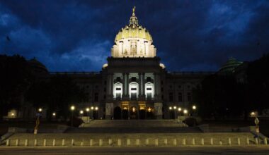View of the south side of the Pennsylvania State Capitol Complex at night.