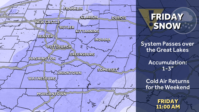 snow showers will be around through the day on ﻿friday with accumulations of one to three inches likely.