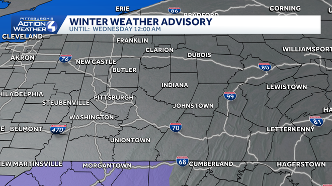 winter weather advisory for the i-68 corridor for snow tuesday into early wednesday.