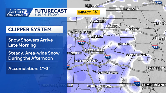 western pa: colder again, more light snow on friday