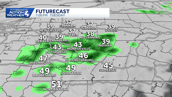western pa: finally above-freezing, isolated evening showers
