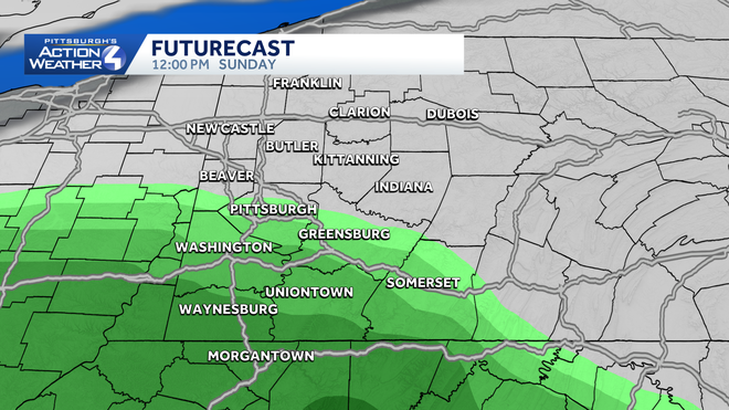 The farthest north rain should make it Sunday is Route 22, although rain is likely to stay south of Interstate 70. the farthest north rain should make it sunday is route 22, although rain is likely to stay south of interstate 70.