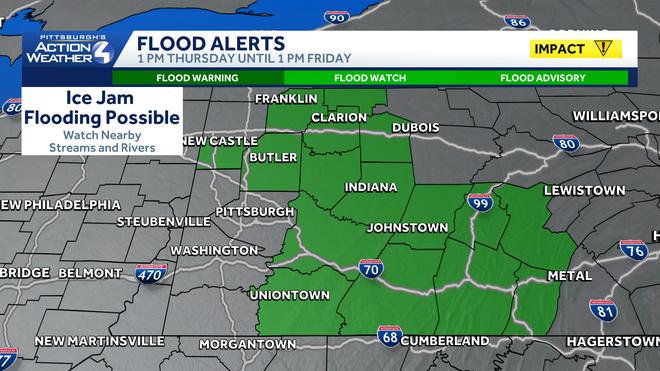 flood watch for counties north and east of pittsburgh through friday afternoon.﻿
