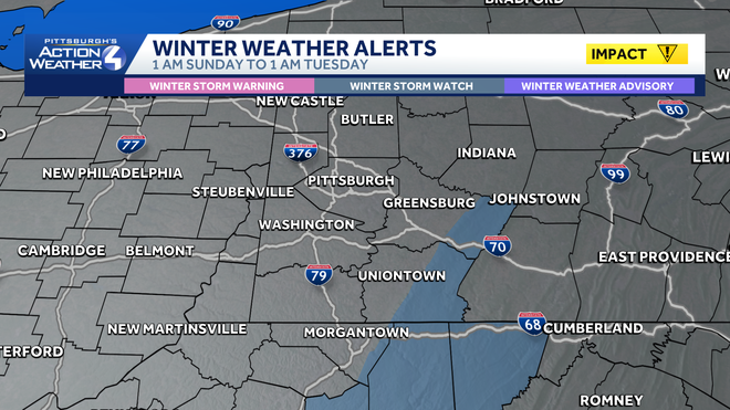 Winter Storm Watch for the Laurel Highlands from Sunday through Monday. winter storm watch for the laurel highlands from sunday through monday.