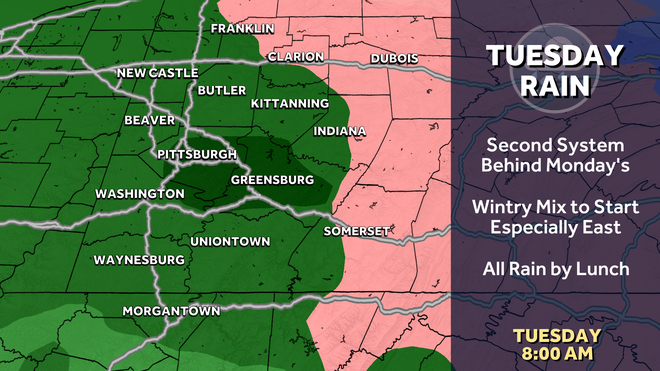 A wintry mix could begin our day Tuesday before a transition to rain, especially east of Pittsburgh. a wintry mix could begin our day tuesday before a transition to rain, especially east of pittsburgh.