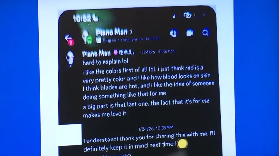 Messages between a Pennsylvania man accused of traveling to meet a California teen for sex and a young female victim presented at a press conference on Feb. 23, 2026. (KTLA)