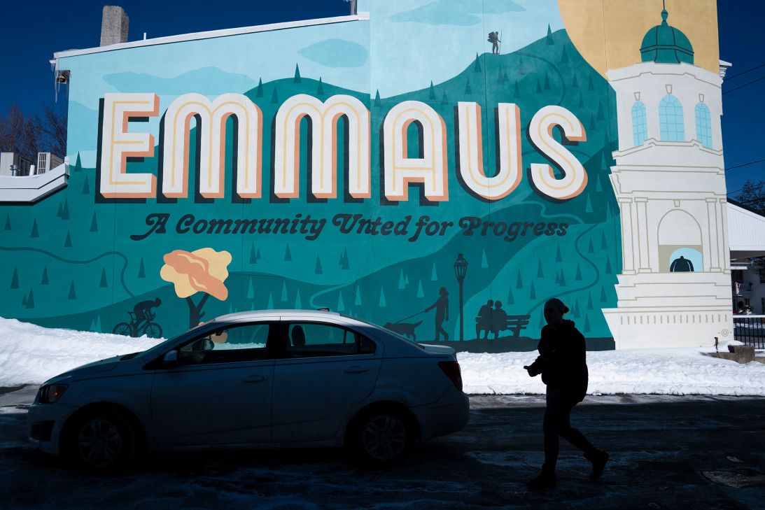 A mural reading “A Community United for Progress” in Emmaus, Pennsylvania, on Friday, January 30.