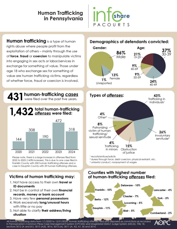 Over the past five years, 1,432 human-trafficking offenses were filed on 431 cases in Pennsylvania. (Courtesy of Administrative Office of Pennsylvania Courts)