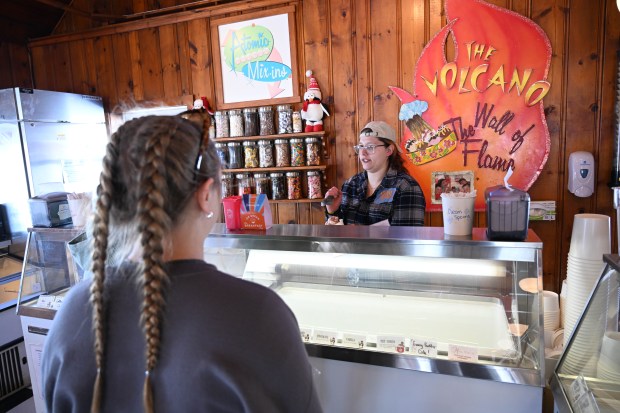 Natasha Obleschuk sells ice cream Saturday, Feb. 7, 2026, at Inside Scoop in Coopersburg. The shop featured special ice cream dishes to celebrate National Ice Cream for Breakfast Day. (Amy Shortell/The Morning Call)