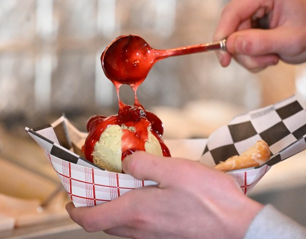 A doughnut sundae is for sale Saturday, Feb. 7, 2026, at Inside Scoop in Coopersburg. The shop featured special ice cream dishes to celebrate National Ice Cream for Breakfast Day. (Amy Shortell/The Morning Call)