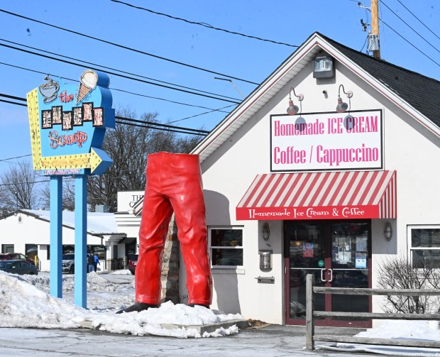 "Chip," the statue outside of Coopersburg's Inside Scoop, split in half during the severe cold and strong winds Saturday, Feb. 7, 2026. The fiberglass statue was made from the model of a Muffler Man statue, copies of which were placed at businesses all over North America in the mid-1900s. Inside Scoop's statue was formed from a Muffler Man originally put up outside a Calgary, Canada, gas station in the 1960s, that in 2017 was discovered in a Canadian junk yard. (Amy Shortell/The Morning Call)