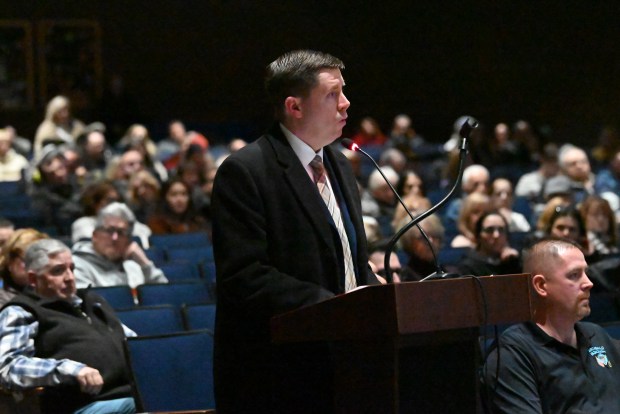 Lackawanna County Commissioner Bill Gaughan expresses his concerns about proposed data centers during the Archbald Borough Council's public hearing at Valley View High School on Wednesday, Jan. 28, 2026. (REBECCA PARTICKA/STAFF PHOTOGRAPHER)