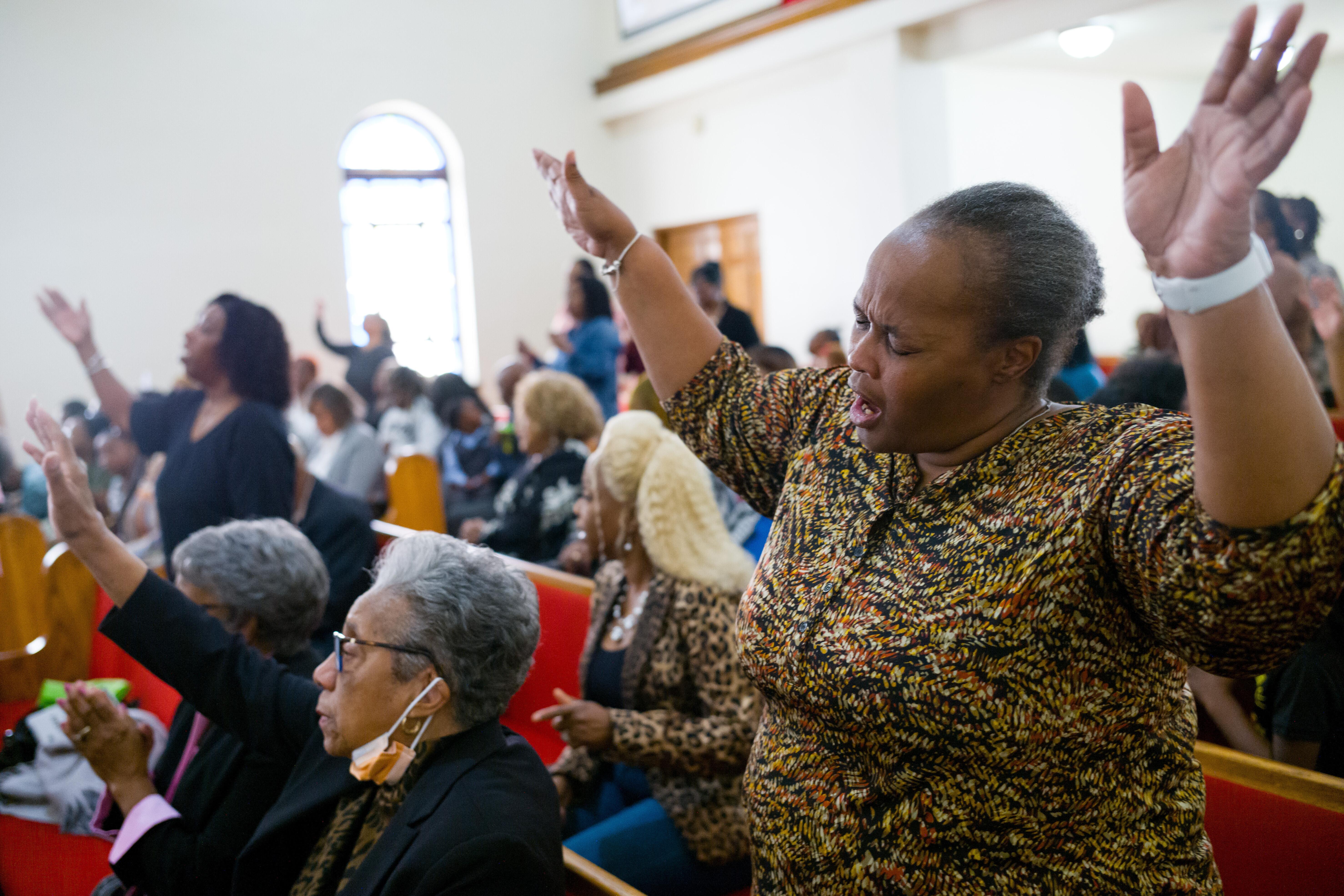 Carla Beard-Owens sings during service at Morningstar Baptist Church in...