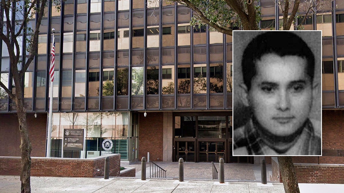 Split with a mugshot in an inset and the Philadelphia FBI building