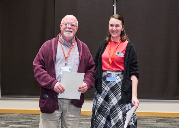 Nathan Thomas, Ph.D., professor and founder of the theater program at Alvernia University, with Cassandra King, chair of KCACTF Region 2, who presented him the Innovative Teaching Award. (Courtesy of Alvernia University)