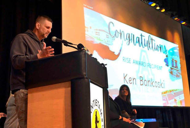 Ken Bonkoski, Antietam's school facilities manager, speaks to the students, faculty, staff and guests after receiving the RISE award during an assembly on Tuesday, Feb. 17, 2026, at Antietam High School. (BILL UHRICH/READING EAGLE)