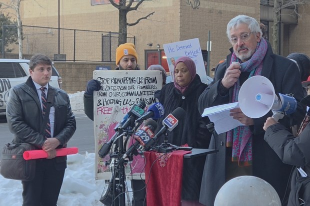 Upper Darby Council Member Kyle McIntyre, left, at the rally earlier this month held by the family of Parady La at the federal detention center in Philadelphia. Speaking is state Sen. Tim Kearney, D-26, Swarthmore. La, a township resident, died while in ICE custody (ALEX ROSE - DAILY TIMES)