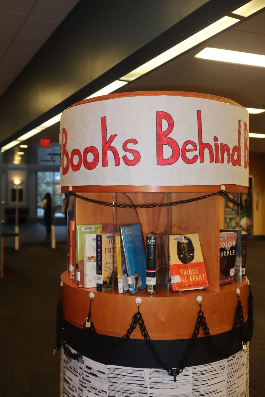 A banned books display is organized by Iowa City West's Banned Book Club at the Iowa City Public Library during Banned Books Week.