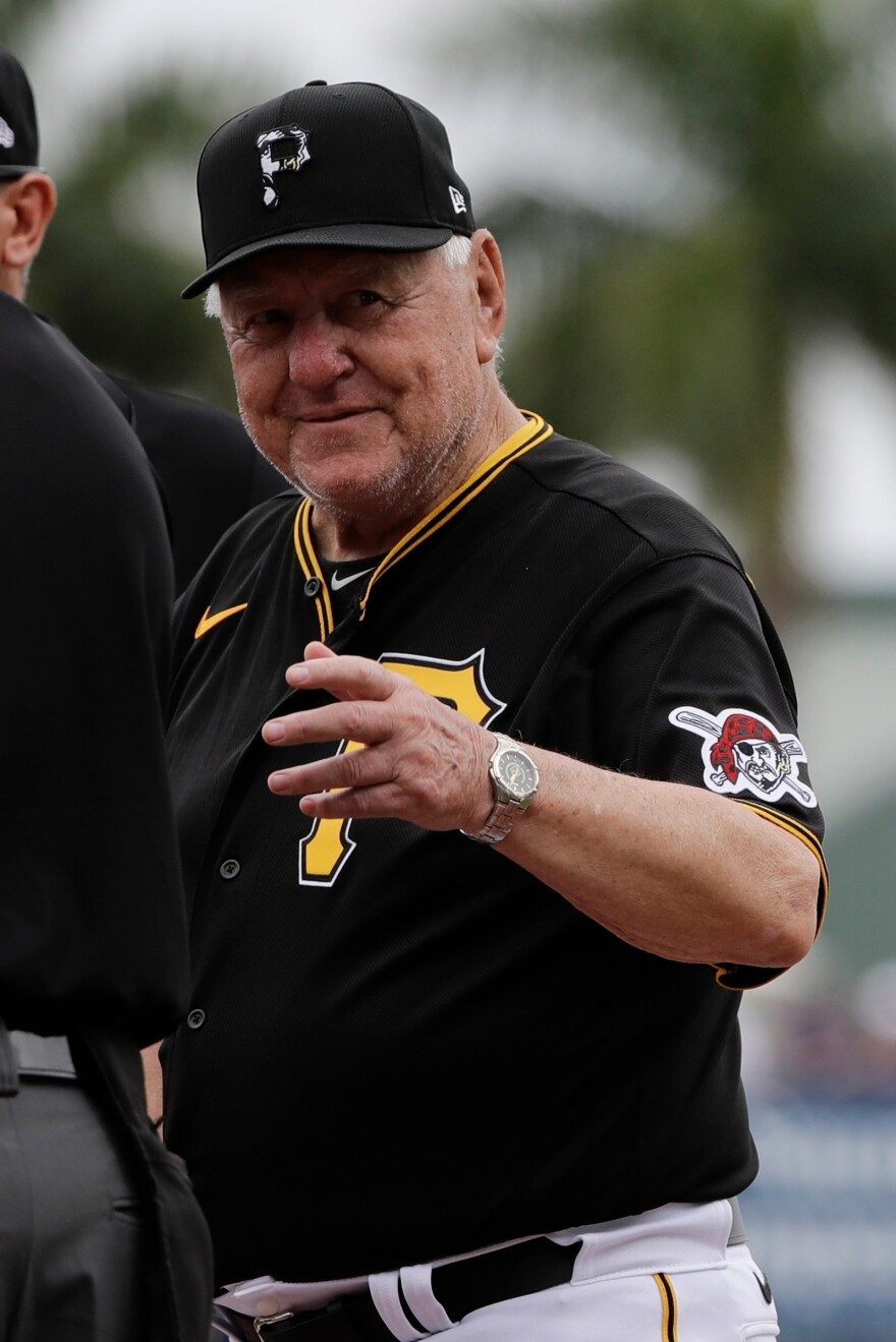 Retired Pittsburgh Pirates player Bill Mazeroski reacts to fans before a spring training baseball game between the Pittsburgh Pirates and the Boston Red Sox Wednesday, Feb. 26, 2020, in Bradenton, Fla.