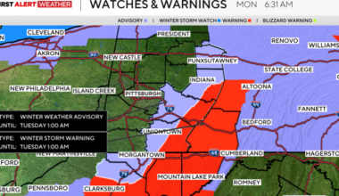 Parts of the Pittsburgh area could see as much as six inches of snowfall today
