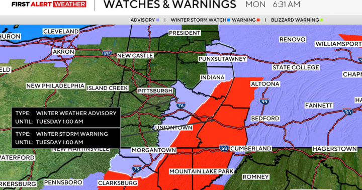 Parts of the Pittsburgh area could see as much as six inches of snowfall today