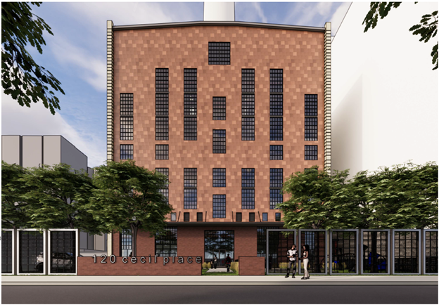 A brick building with tall, narrow windows and the address "120 Cecil Place" on the front, surrounded by trees and people standing near the entrance.