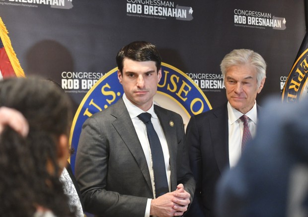 U.S. Rep. Rob Bresnahan and Administrator for the Centers for Medicare & Medicaid Services Dr. Mehmet Oz answer questions during a press conference at Moses Taylor Hospital in Scranton Thursday, February 26, 2026. (SEAN MCKEAG / STAFF PHOTOGRAPHER)