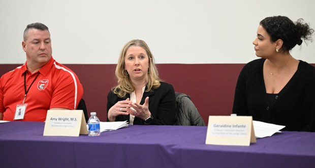 Amy Wright speaks Tuesday, Feb.24, 2026, as the Northampton County District Attorney hosts a panel discussion addressing teen dating violence at the Forks Township Community Center. (Amy Shortell/The Morning Call)
