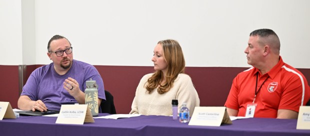 Terry Glass,left, speaks Tuesday, Feb.24, 2026, as the Northampton County District Attorney hosts a panel discussion addressing teen dating violence at the Forks Township Community Center. (Amy Shortell/The Morning Call)