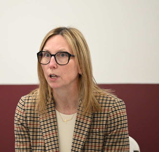 Nicole Bachman speaks Tuesday, Feb.24, 2026, as the Northampton County District Attorney hosts a panel discussion addressing teen dating violence at the Forks Township Community Center. (Amy Shortell/The Morning Call)