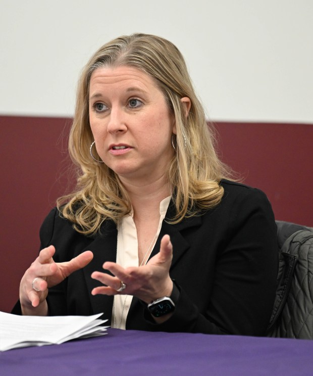 Amy Wright speaks Tuesday, Feb.24, 2026, as the Northampton County District Attorney hosts a panel discussion addressing teen dating violence at the Forks Township Community Center. (Amy Shortell/The Morning Call)