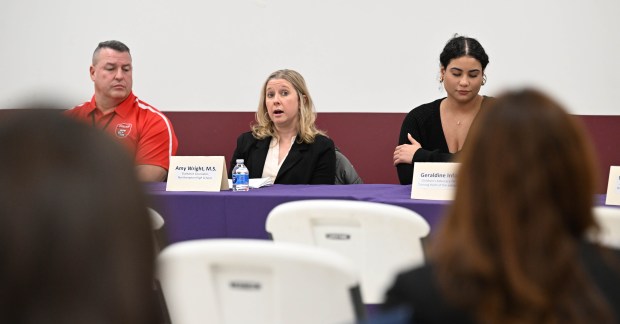 Amy Wright speaks Tuesday, Feb.24, 2026, as the Northampton County District Attorney hosts a panel discussion addressing teen dating violence at the Forks Township Community Center. (Amy Shortell/The Morning Call)