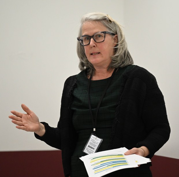 Kate Kollet speaks Tuesday, Feb.24, 2026, as the Northampton County District Attorney hosts a panel discussion addressing teen dating violence at the Forks Township Community Center. (Amy Shortell/The Morning Call)