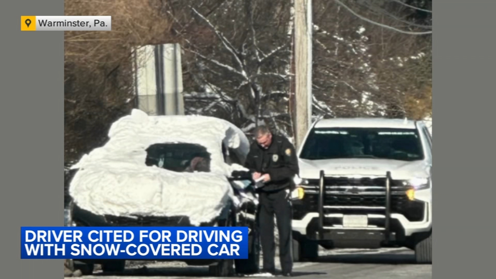 Driver cited for driving with snow-covered car in Warminster Twp., Pa.