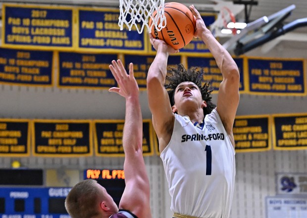 Blake Turner (1) scored eight points in Spring-Ford's 55-51 victory over Conestoga in the second round of the District 1-6A Tournament on February 17, 2026. (Photo by Joe Evans/JoeEvansPictures.com)