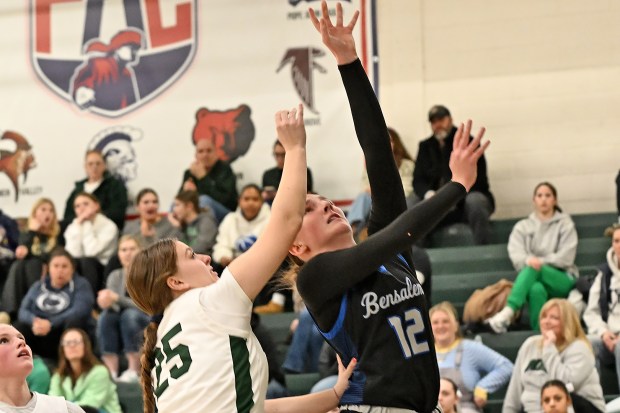 Bensalem's Jordyn Bell (12) scored seven points, including the tying bucket with 1:05 left in regulation in the Owls' 57-48 OT win at Methacton on February 25, 2026. (Photo by Joe Evans/JoeEvansPictures.com)