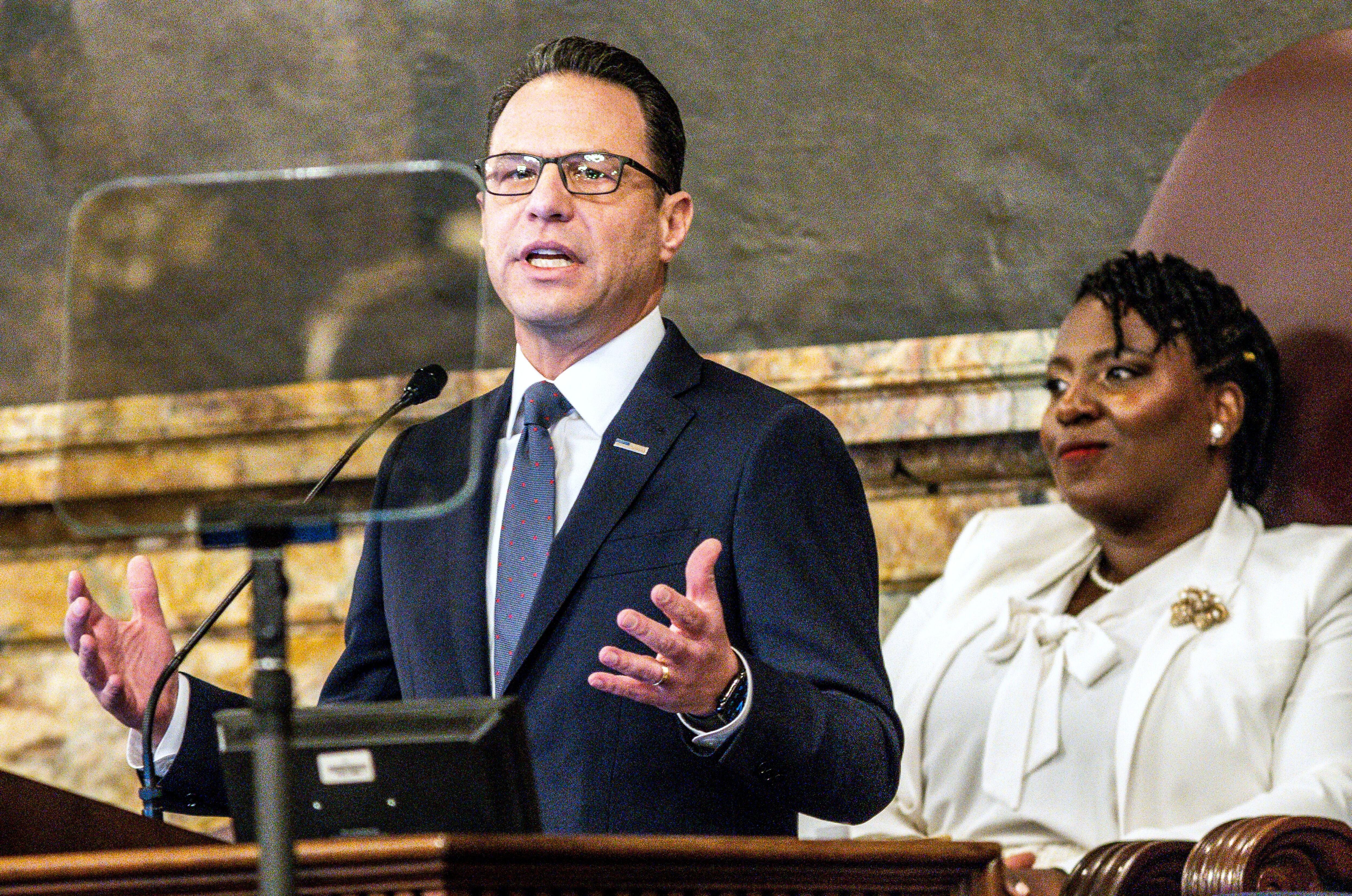 Gov. Josh Shapiro delivers his 2026-27 budget proposal to a...