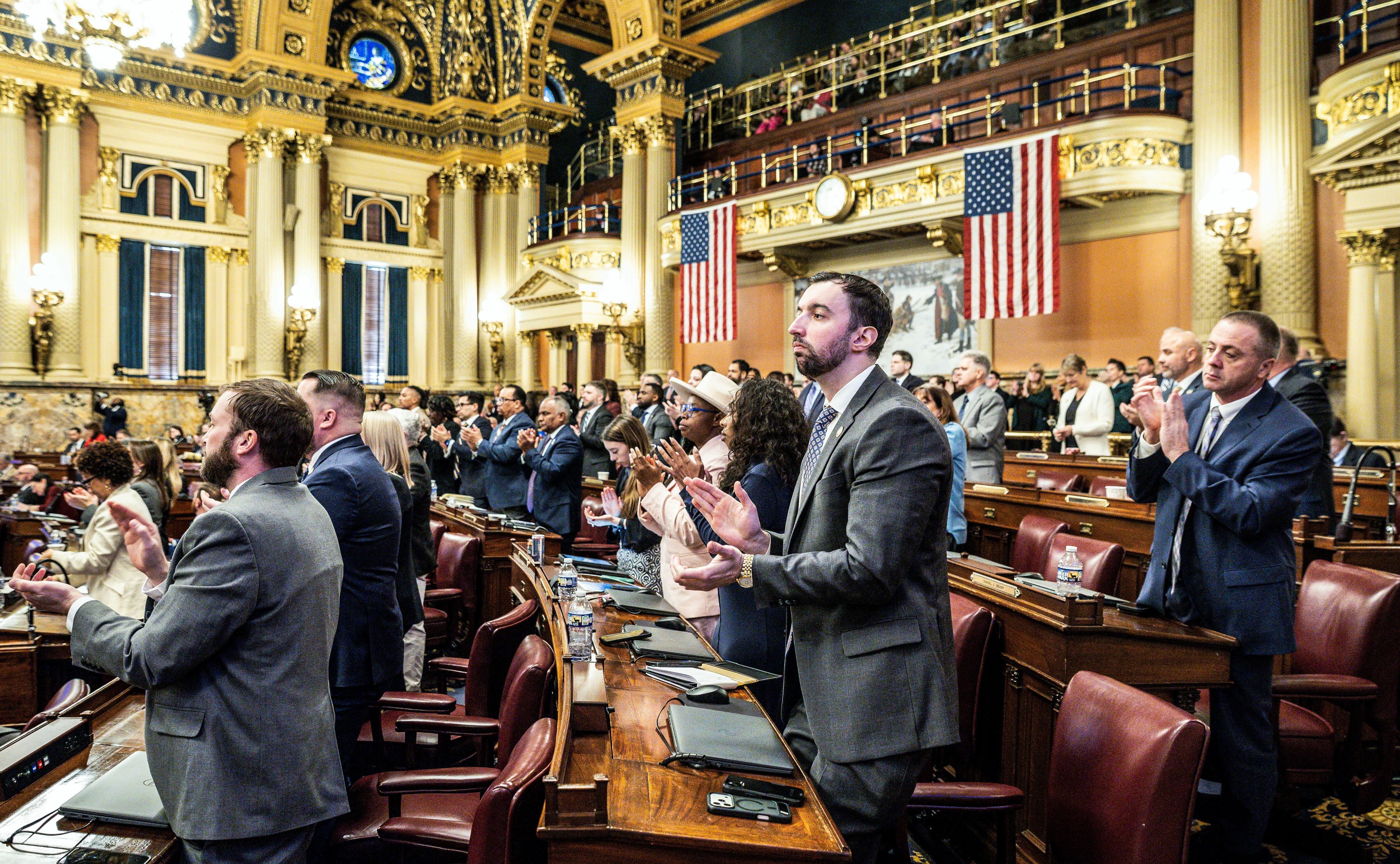 Gov. Josh Shapiro delivers his 2026-27 budget proposal to a...