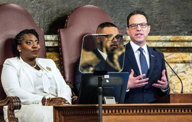 Gov. Josh Shapiro delivers his 2026-27 budget proposal to a joint session of the state Legislature on Feb. 3, 2026, at the state Capitol in Harrisburg. (DAN GLEITER/pennlive.com/TNS)