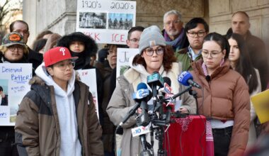 Meghan Morgan speaks during a news conference Thursday, Feb. 5, 2026, outside the Federal Detention Center about the death of her husband, Parady La, in ICE custody.