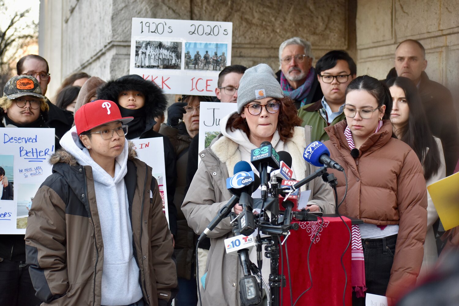 Meghan Morgan speaks during a news conference Thursday, Feb. 5, 2026, outside the Federal Detention Center about the death of her husband, Parady La, in ICE custody.