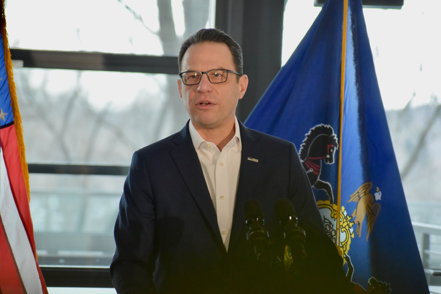 Gov. Josh Shapiro speaks about his Housing Action Plan on Thursday, Feb. 12, at the Tower at Henry Avenue complex in East Falls.