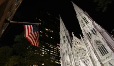An American flag outside St. Patricks Cathedral in New York City.