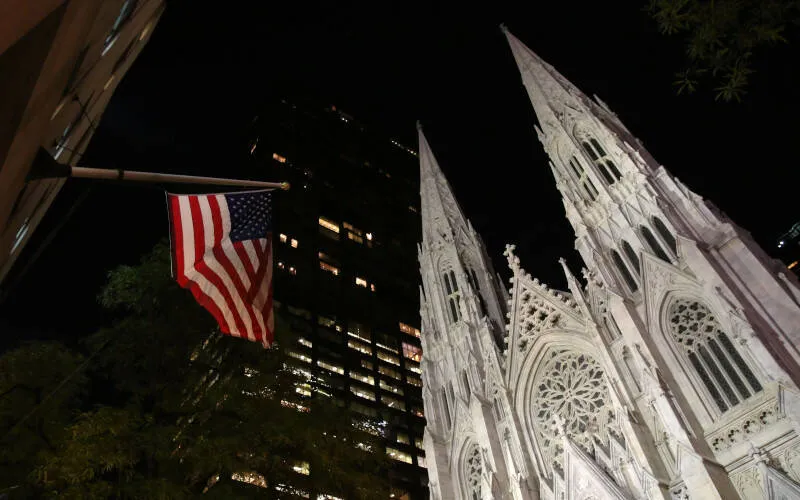 An American flag outside St. Patricks Cathedral in New York City.
