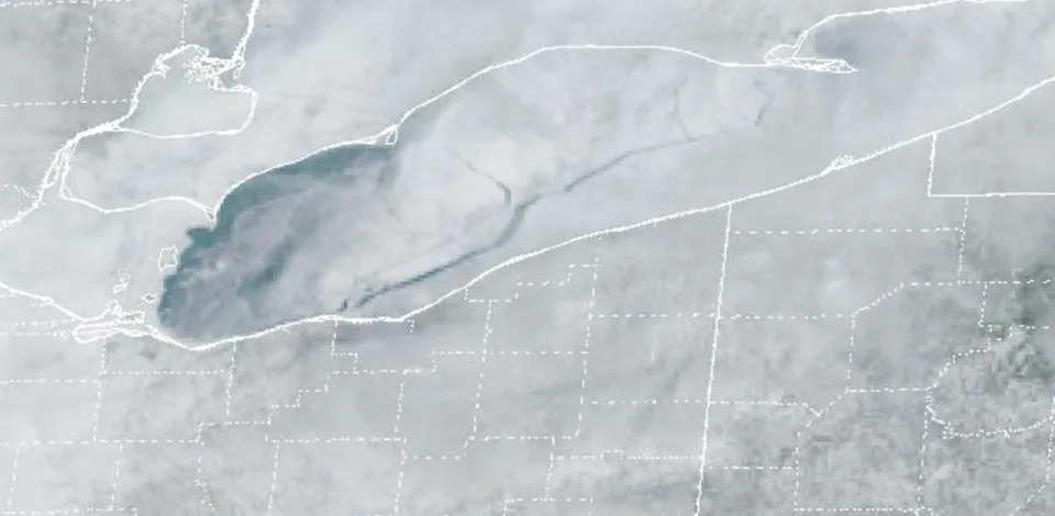 A massive crack in the ice on Lake Erie is so big it can be seen from space, satellite images show (NOAA)