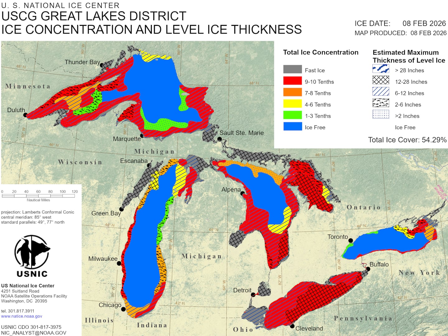 Lake Erie is mostly covered with thick ice up to 28 inches thick.