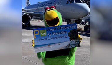Pittsburgh Pirates mascot arrives at Sarasota airport for spring training