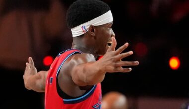 Team Vince guard VJ Edgecombe turned to his Sixers teammate Tyrese Maxey for an embrace after sealing a win.